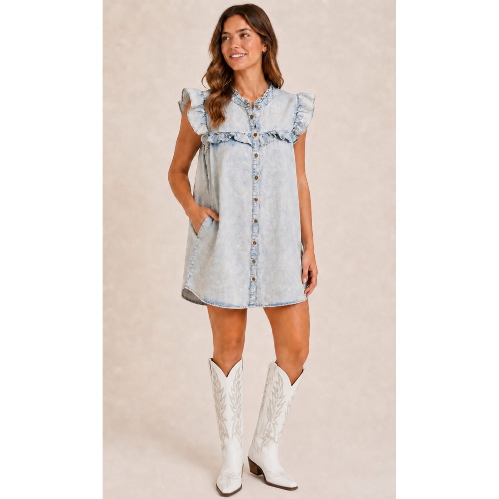 Entro Acid Wash Denim Ruffle Mini Dress Boho Coastal Cowgirl Light Blue Large